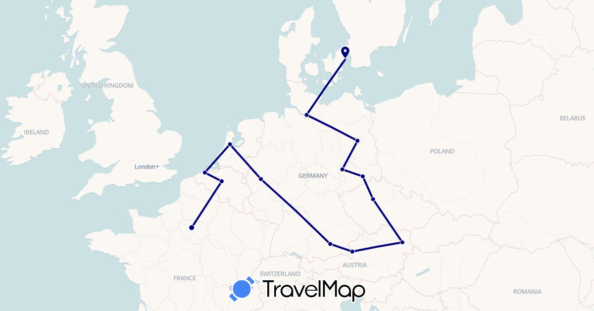 TravelMap itinerary: driving in Austria, Belgium, Czech Republic, Germany, Denmark, France, Netherlands (Europe)
